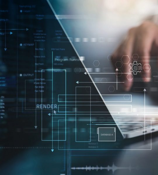 Data anlytics, AI and database management technology. IT specilist working on digital tablet connecting with cloud server and data center, technology background. data science and engineering