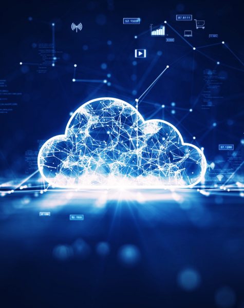 Cloud and edge computing technology concepts with cybersecurity protection. There is a large cloud icon that stands out in the middle. Binary code polygon and small icons on dark blue background.