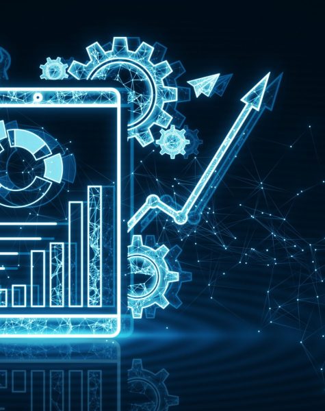 Creative polygonal interface with cogs and business chart. Project management, maintenance tool and online finance system concept. 3D Rendering
