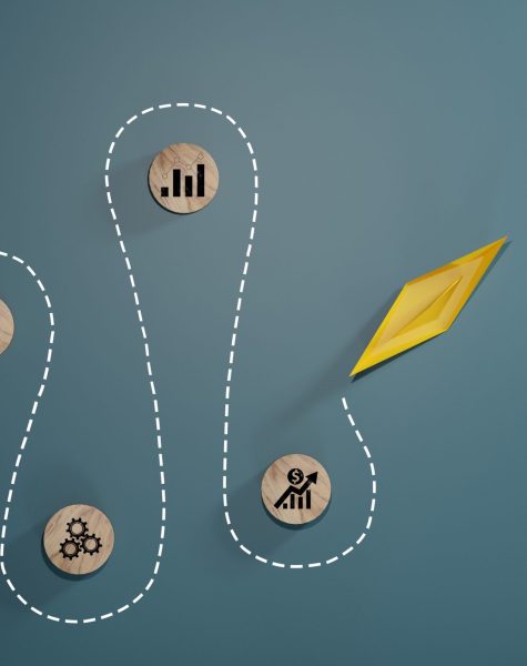 Leadership concept, yellow leader boat leading, on blue background. Goal and target, success and business target concept, project management, company strategy. 3D Rendering