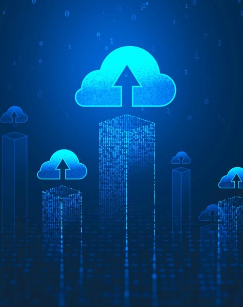 Smart city, digital transformation and network concept with digital glowing blue cloud symbols above skyscrapers visualization on dark technological background with binary code numbers. 3D rendering