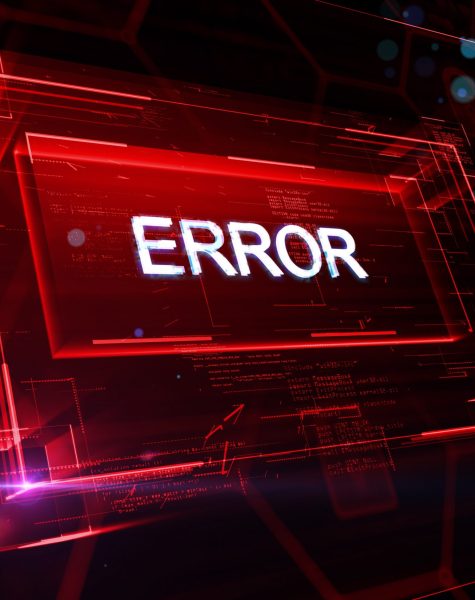 Web server error and software failure concept with perspective view on white error sign in red glowing frame on abstract dark background. 3D rendering